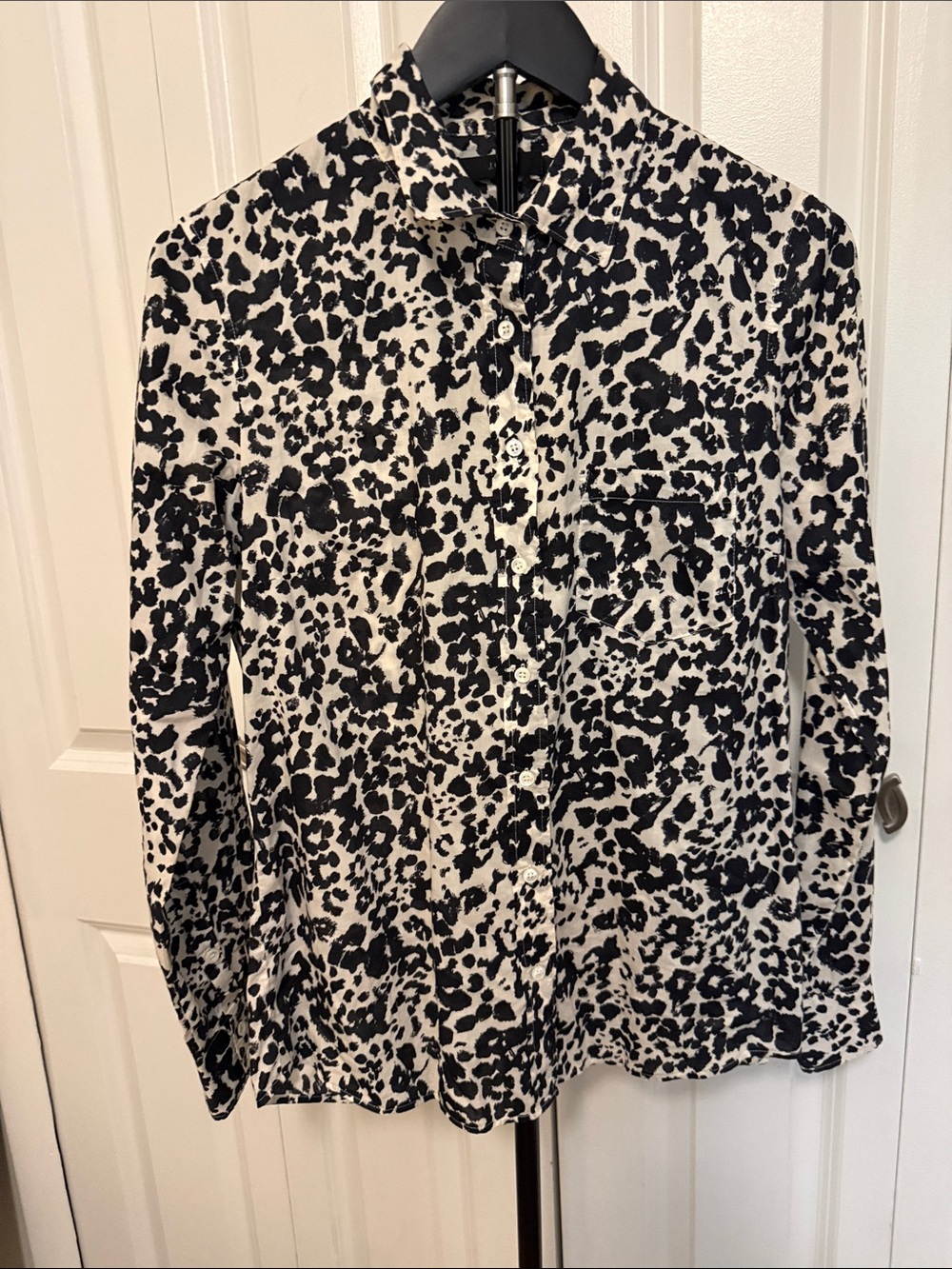 J. Crew Black and White Leopard Print Button-Up Blouse